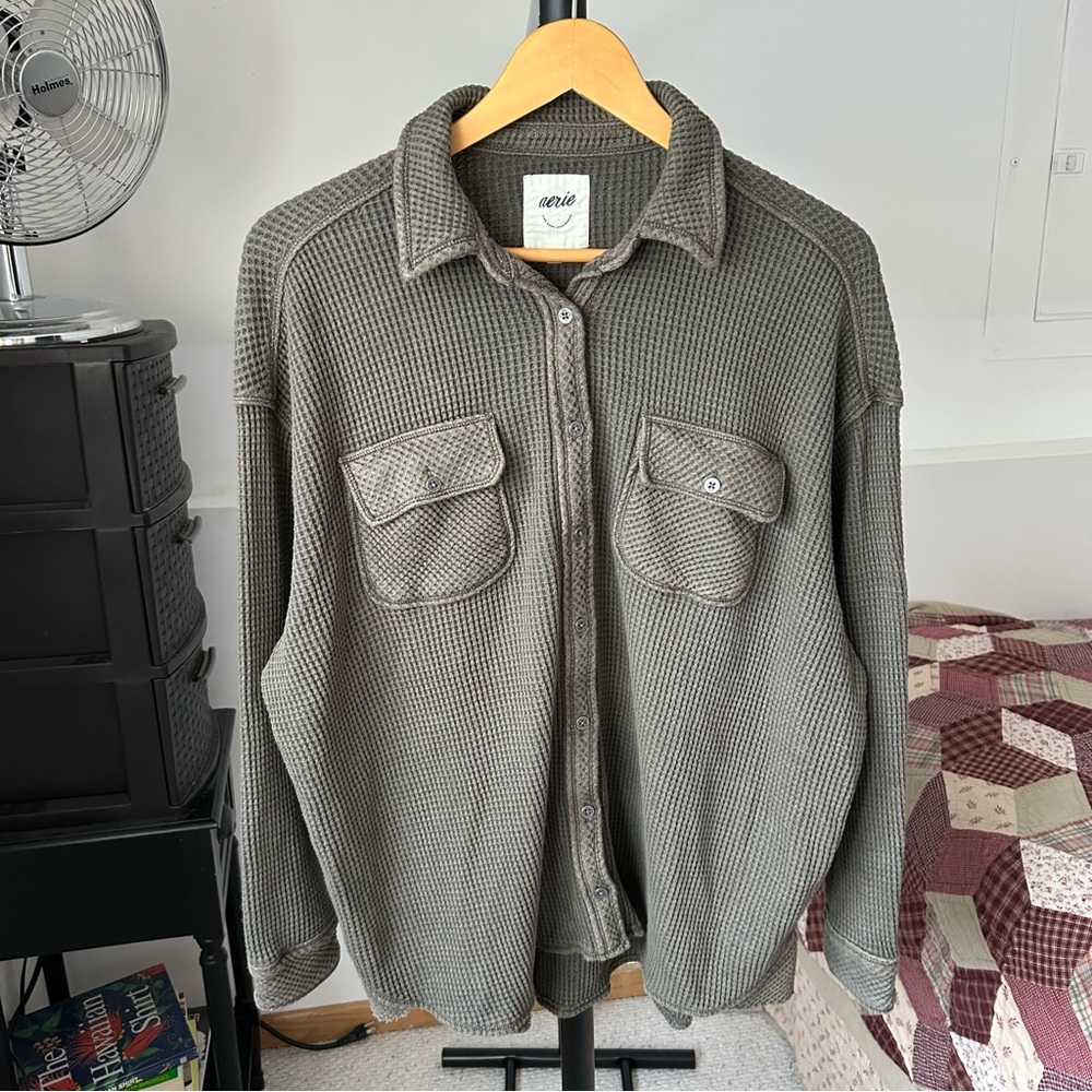 Aerie Oversized Lumberjane Waffle Knit Button Shirt Jacket Shacket - Picture 1 of 8